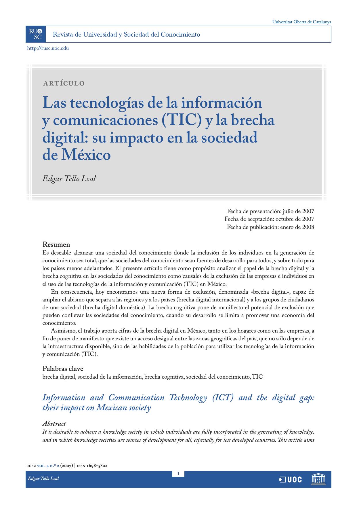 Las tecnologias del a informacion y comunicaciones (TIC) y la brecha digital: su impact en la sociedad de Mexico